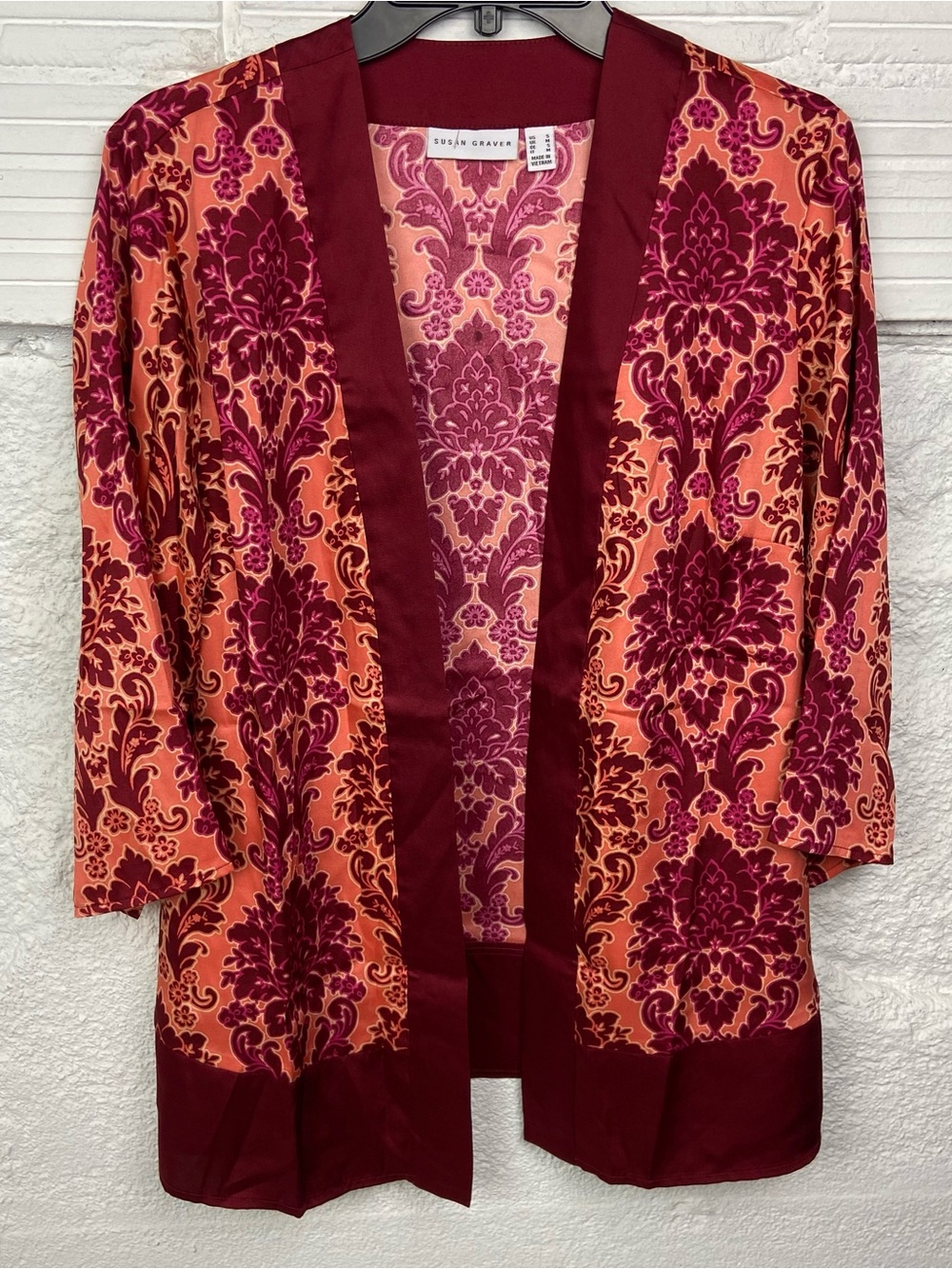 Susan Graver Floral satin paisley Print Open Jacket — Burgundy & Coral SZ small